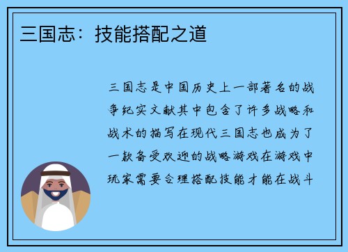 三国志：技能搭配之道